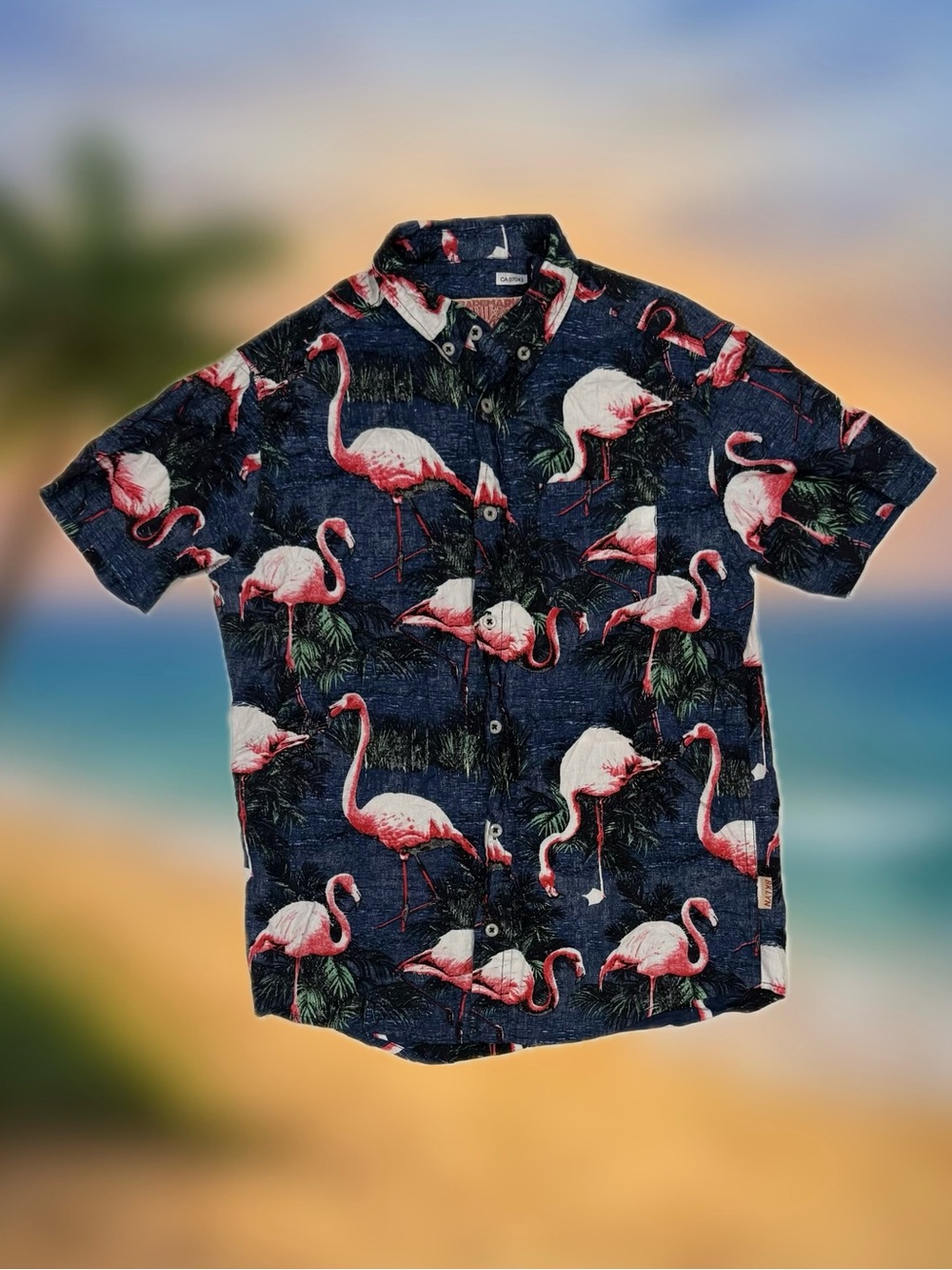 Brooklyn Cloth Flamingo Print Men’s Size Small Button-Up Shirt Navy Short Sleeve